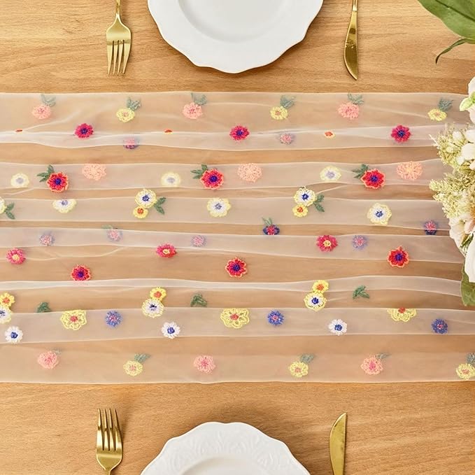 FEXIA Spring Table Runner 10FT Floral Gauze Mesh Garden Tea Party Decorations Romantic Dining Table Decoration for Easter, Weddings, Birthday Valentine’s Day Living Room Styling Home Decor