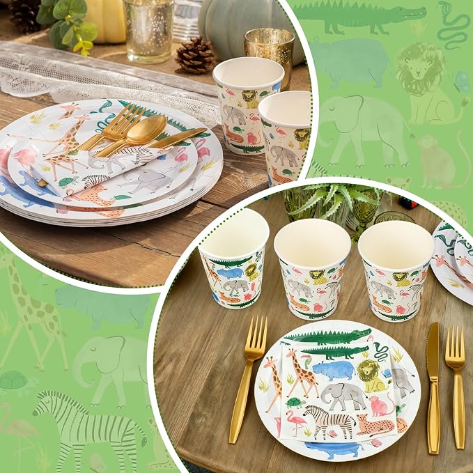 Newtay 350 Pcs/ 50 Sets Safari Animals Supplies Include Paper Plates, Napkins, Cups and Knife, Spoon, Fork Disposable Tableware Set for Safari Jungle Theme Birthday Decorations