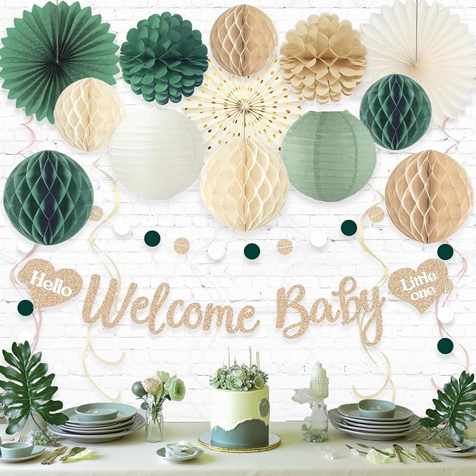 Sage Green Baby Shower Decorations Boy, Pre-Strung Welcome Baby Sign with Honeycomb Balls, Paper Flowers, Lanterns, Fans, Hanging Swirls, Circle Dots Garland for Boy Baby Shower Decorations 24pcs
