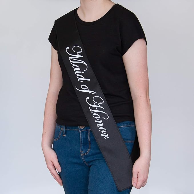 Ella Celebration Maid of Honor Sash, Black Satin Double Layer Bridal Party Sashes for Bachelorette Party (Maid of Honor Black)
