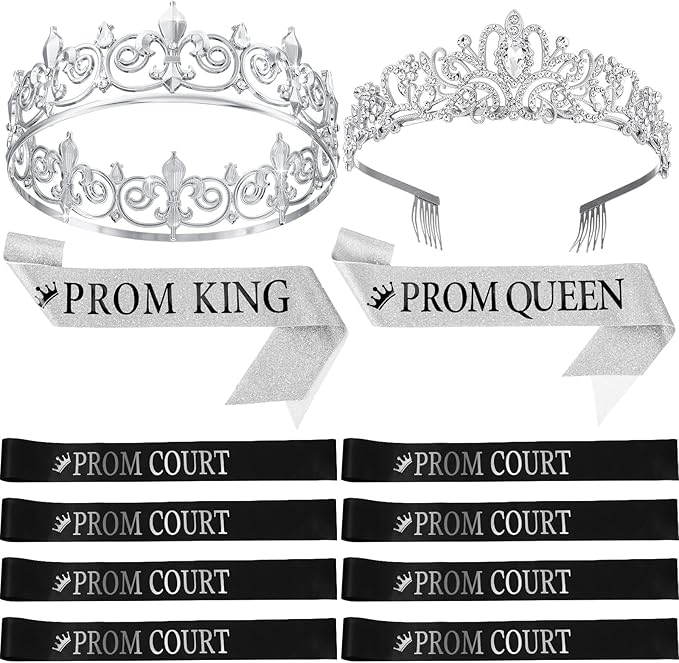 Saintrygo 12 Pcs Prom Crown and Sash Set, Prom King and Queen Tiara Rhinestone Crown Glitter Court Royal Satin Sash for 2026 Graduation Ball Dance Night Party Birthday Accessory(Silver,Stylish)