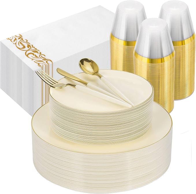350 PCS lvory Plastic Dinnerware Set, lvory and Gold Rim Disposable Plates for Party, Include 100 lvory Plates with 150 Plastic Cutlery, 50 Napkins and 50 Cups
