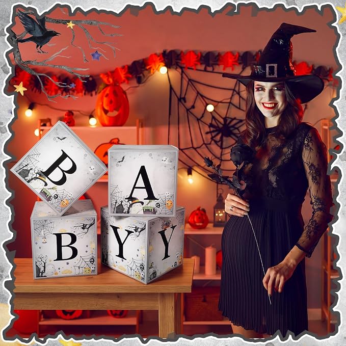 AmazingSpark 4 Pcs Halloween Little Boo Baby Shower Boxes with Letters Ghost Balloon Boxes Decor Blocks Baby Shower Centerpiece for Happy Boo Day Birthday Party Supplies Photography Prop