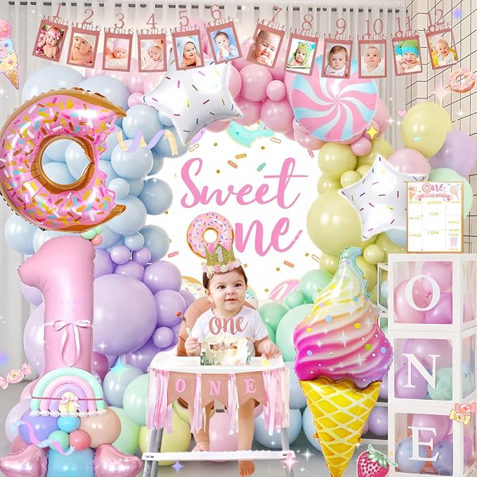Daidle 1st Birthday Decorations for Girl, 128pcs Sweet One Birthday Party Decorations, Balloon Boxes, Party Backdrop, Photo Banner, Donuts Ice Cream Candy Balloons Garland