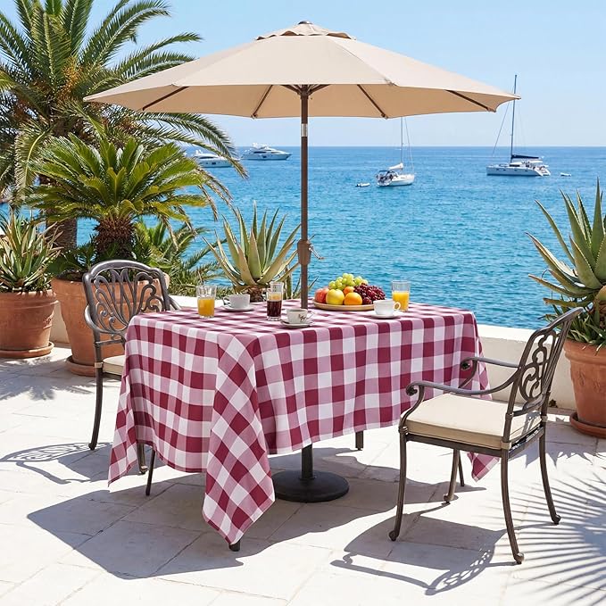 Poise3EHome Rectangle Outdoor Tablecloth with Umbrella Hole and Zipper,Burgundy Gingham 84x60 Inch,SpillProof Washable Table Cloth for Spring Summer Patio Garden Poolside Picnic Camping BBQS