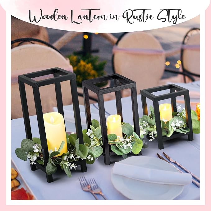 Sliner 24 Pcs Wedding Lantern Centerpiece Set Include 12 Rustic Wooden Candle Lantern 12 Flameless Candle for Wedding Party Baby Shower Table Fireplace Farmhouse Home Decoration(Black)
