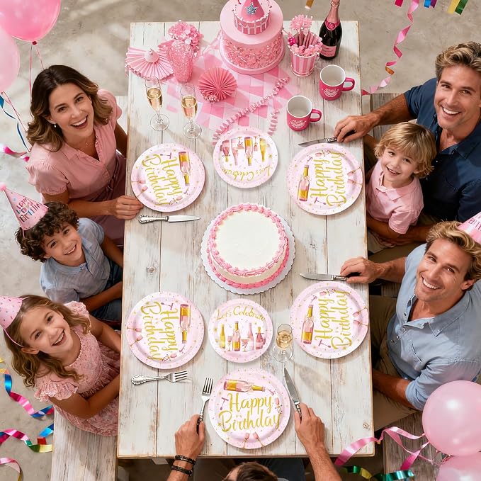 96Pcs Champagne Birthday Party Supplies Pink Rose Wine Theme Plates and Napkins Pink Rose Gold Glitter Beers Wine Tableware Set for Women 21 30 40 50 60 Years Birthday Party Supplies，Serves 24