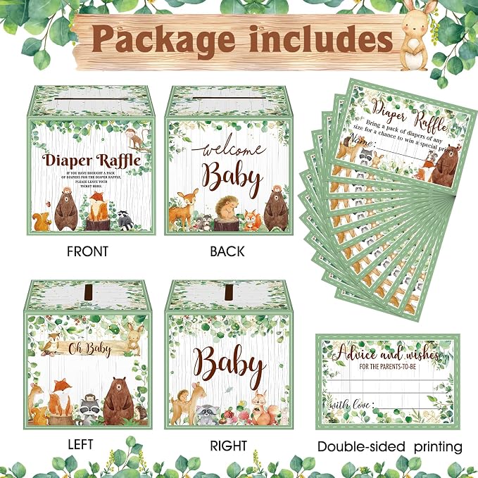Teling 51 Pieces Diaper Raffle Tickets with Card Box Baby Shower Decorations Baby Shower Holder Box for Girl Boy Diaper Raffle Party(Woodland Animal)