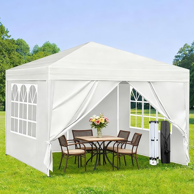 10X10FT White Pop Up Canopy Party Tent, Outdoor Commercial Instant Gazebo with 4 Removable Sidewalls for Events, Wedding, Backyard, Patio, Easy Set Up Sun Shade with Carrying Bag