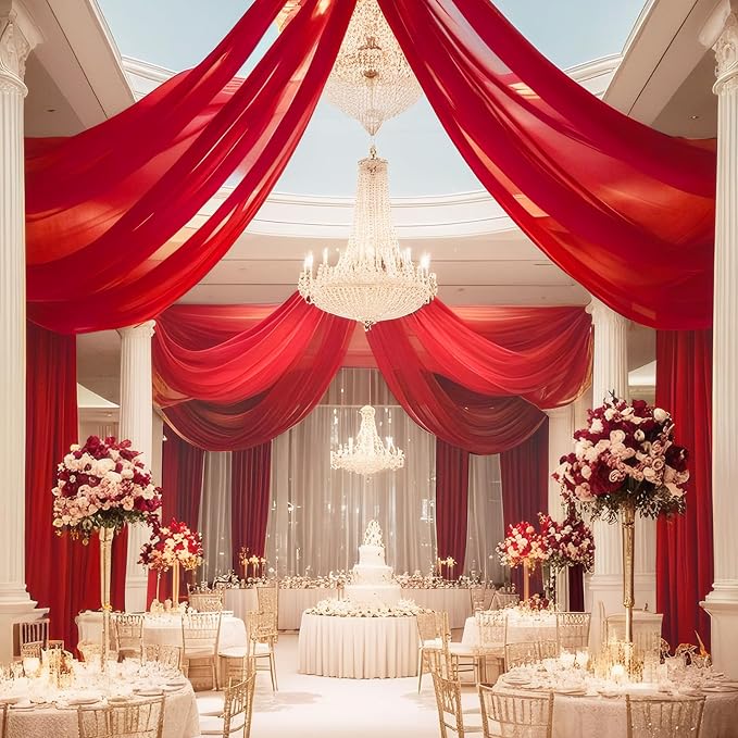 DUOBAO Dark Red Wedding Ceiling Drapes 30ft Sheer Chiffon Backdrop Curtains, Red Arch Draping Fabric for Wedding Ceremony Reception Ceiling Decor Party Event Decoration, 6 Panels 5x30ft