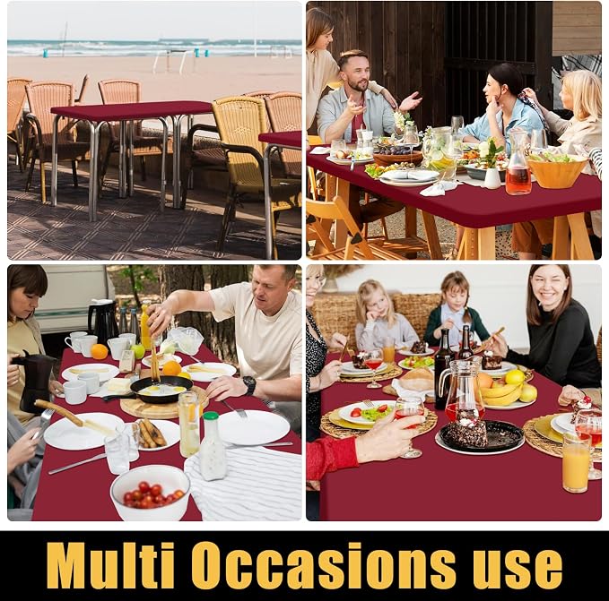 Smiry 6 Pack Rectangle Picnic Table Cloth, Waterproof Elastic Fitted Tablecloths, Washable Polyester Rectangular Patio Table Cover for Camping, Indoor and Outdoor (Wine Red, 30"x72")