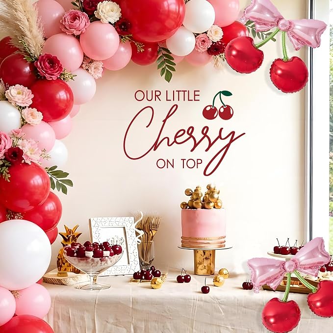 Cherry On Top Baby Shower Decorations - Our Little Cherry On Top Sign Decal for Backdrop Balloons Arch, Red Fruit Birthday Decorations for Girl, One Year Old Wall Decor, 1st Party Banner Supplies