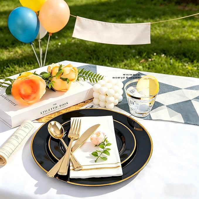 SUT 175 Piece Black and Glod Plastic Dinnerware Set for 25 Guests, Disposable Plastic Plates, Include: 25 Dinner Plates, 25 Dessert Plates, 25 Pre Rolled Napkins with Silver Silverware, 25 Cups