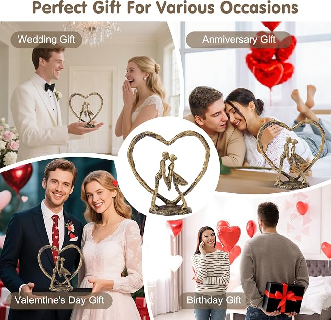 Anniversary Wedding Gift for Her Wife Husband Couple，Antique Golden Metal Couple Figurine Heart Sculpture Love Statue，Romantic 1st to 60th Anniversary,Includes Gift Box and Gift Card，Valentines Gifts