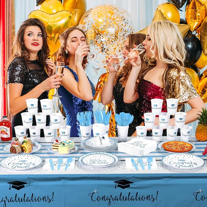 175pcs Class of 2026 Graduation Plates and Napkins Set, Disposable Paper Plate Set Polka Dots Napkin Cups Knife Fork Spoon for Graduation Party Decorations and Supplies,Serve 25 (White LightBlue)