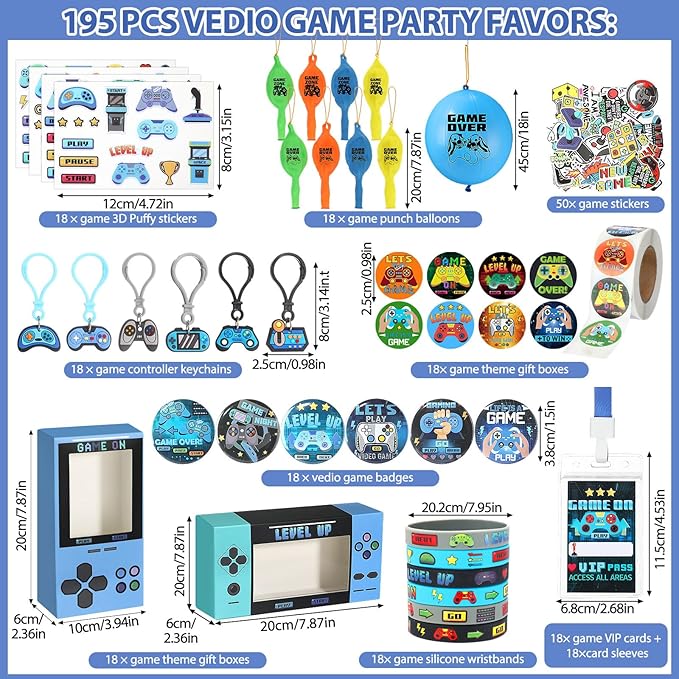 195 Pcs Video Game Party Favors for Kids Gamer Goodie Bag Stuffers Gaming Birthday Party Supplies with Gift Boxes, VIP Pass, Balloons, Bracelets, Keychains, Badges, 3D Stickers (Blue)