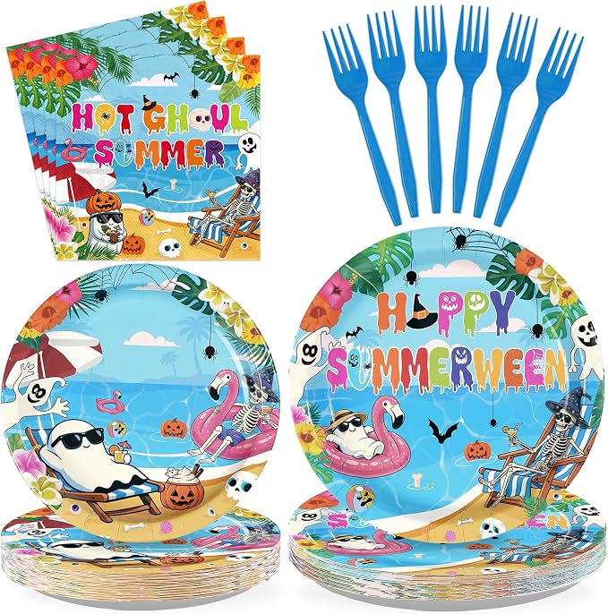 96Pcs Summer Halloween Party Decorations Halloween in Summer Plates and Napkins Tableware Set Spooky Tropical Beach Pool Decorations for Hallows' Eve Hawaii Birthday Supplies Serves 24