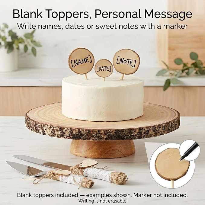 Relaxing Garden 12 Inch Bark Edge Wood Cake Stand Set with Toppers | Sealed 12 in bark-edge wood stand with knife, server and 3 write-on toppers for wedding, birthday and shower cakes
