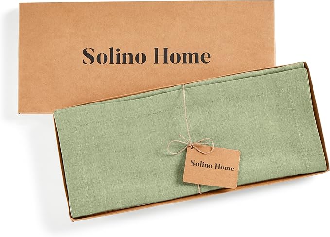 Solino Home Linen Small Table Runner 36 Inches - Athena, 100% Pure Linen Chambray Olive Table Runner 14 x 36 Inch Ideal for Dresser and Coffee Tables - Spring, Summer