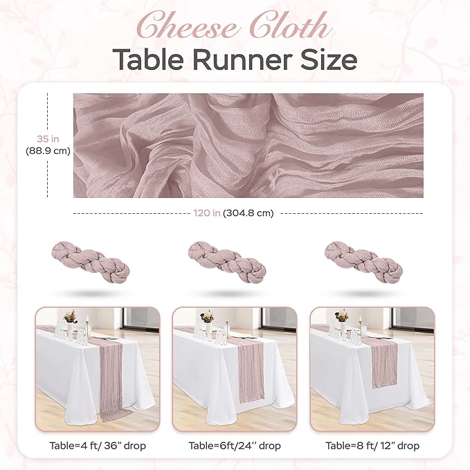 Cheesecloth Table Runner 8 Pack – 35x120 Inch (10ft) Boho Rustic Gauze Cloth Runners – Crinkle Polyester Table Decor for Wedding, Baby Shower, Bridal Shower, Birthday Party and More (Dusty Pink)