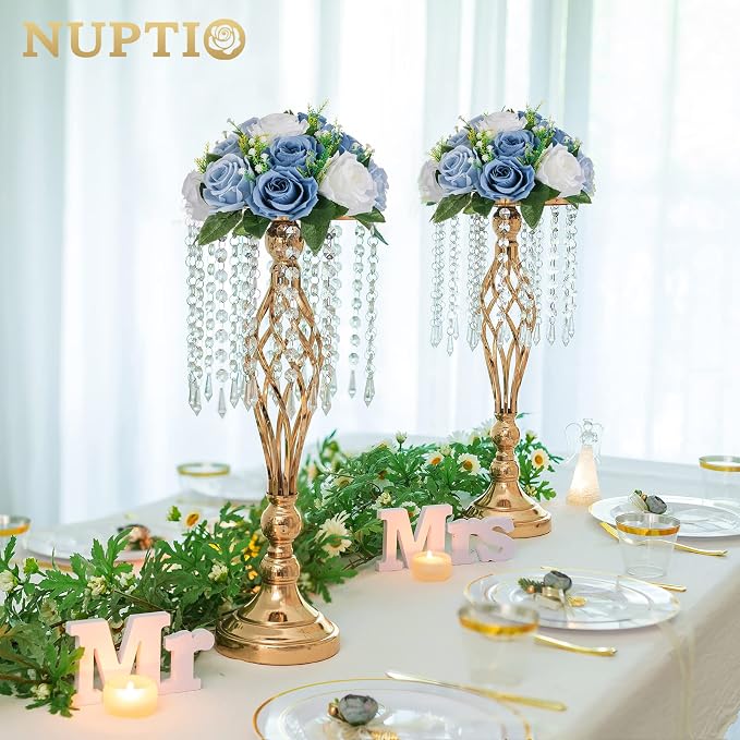 NUPTIO Flower Balls Wedding Table Centerpieces, Dusty Blue & White Roses | 6 Pcs Artificial Silk Floral Bouquet Arrangement, for Bridal Shower, Birthday Party, Quinceanera, Event Decorations