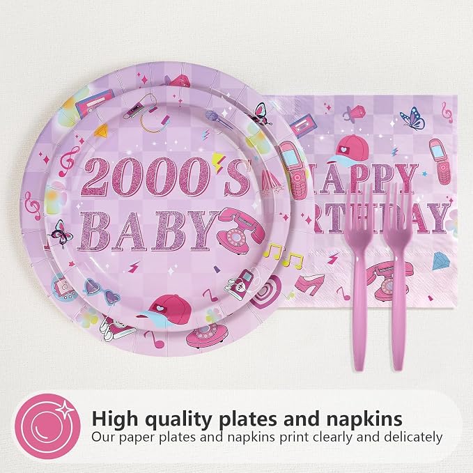 96Pcs 2000s Birthday Party Decorations Y2k Hot Pink Bday Plates and Napkins Disposable Early 2000s Theme Tableware Set for 00s Girls Teen Y2k Birthday Hot Pink Bachelorette Party Supplies Serves 24