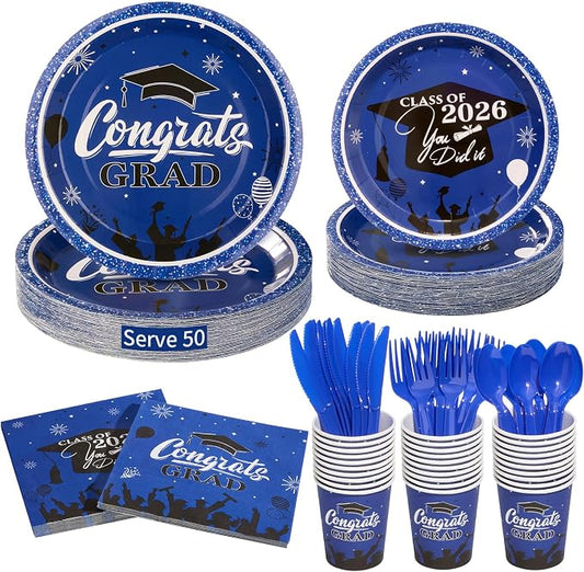 Goodluck Blue 2026 Congrats Grad Disposable Paper Tableware Sets, 350PCS Graduation Party Supplies Includes 9" & 7" Disposable Graduation Paper Plates, 9oz Cups, Napkins & Cutlery for 50 Guests