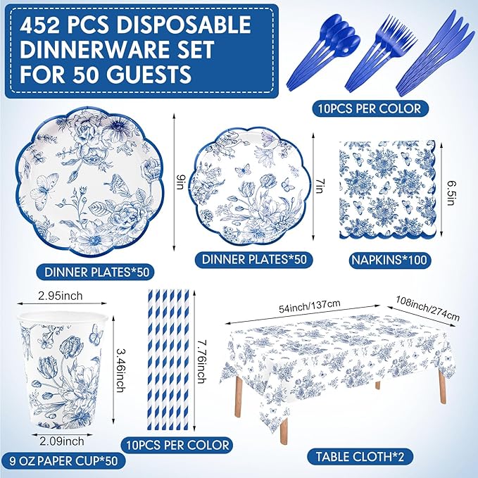 Funnymoom 452 Pcs Blue Floral Plates and Napkins Party Supplies, Scalloped Chinoiserie Blue White Flower Paper Plates Napkins Cups Tablecloth Cutlery Straw for Wedding Bridal Tea Party Decoration
