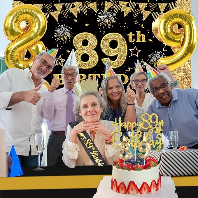 89th Birthday Decorations Men Women with 89th Birthday Banner, Black and Gold Table Cloth, Number Balloons, Sash, Cake Topper and Candles