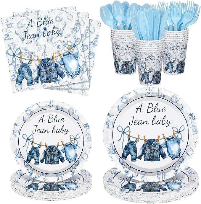 Yungyan 168 Pcs Blue Jean Baby Shower Birthday Party Decoration Disposable Blue Paper Plates Napkins Tableware Set for Boho Rustic Country Bridal Birthday Baby Shower Party Supplies Serves 24