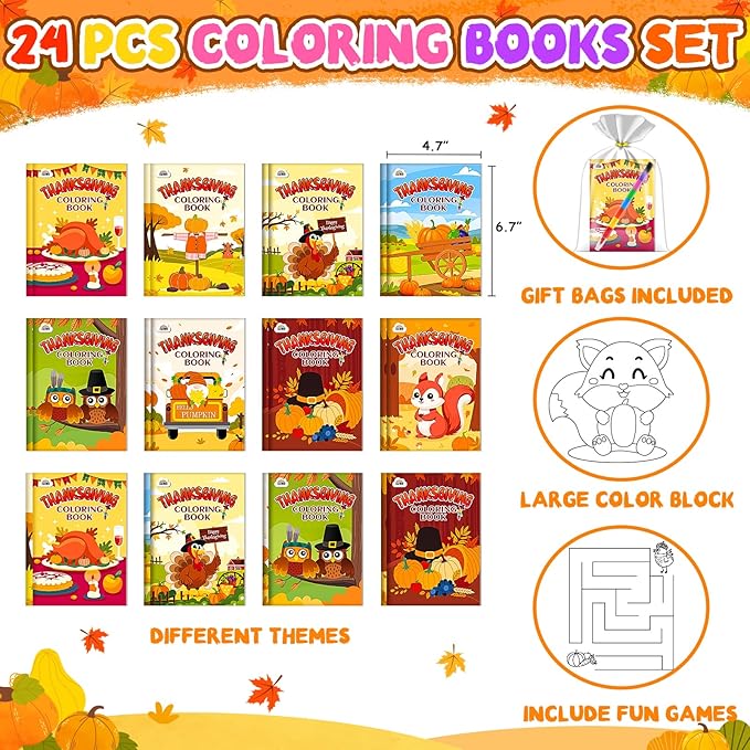 ZMLM 24 Pack Thanksgiving Coloring Books for Kids with Crayons,Party Favors for Kids 4-8, Goodie Bags Stuffers for Toddlers, Classroom Prizes Birthday Return Gifts (Thanksgiving)