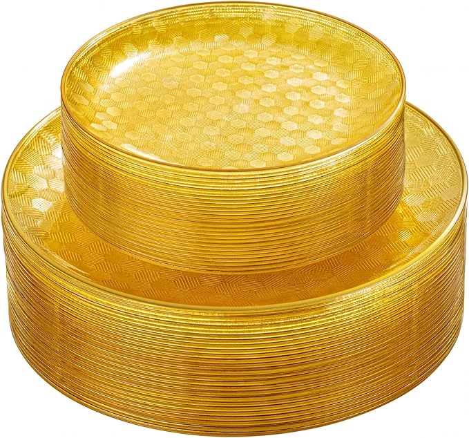Festiva 60PCS Clear Yellow Gold Plastic Plates - Heavy Duty Fancy Disposable Plates With Gold Rim -serve for 30 guests Include 30PCS 10.25" & 30PCS 7.5" Honeycomb Design Plates for Party(Yellow)