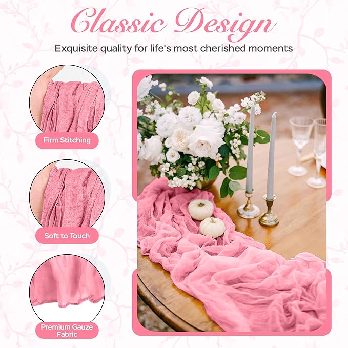 Cheesecloth Table Runner 8 Pack – 35x120 Inch (10ft) Boho Rustic Gauze Cloth Runners – Crinkle Polyester Table Decor for Wedding, Baby Shower, Bridal Shower, Birthday Party and More (Pink)