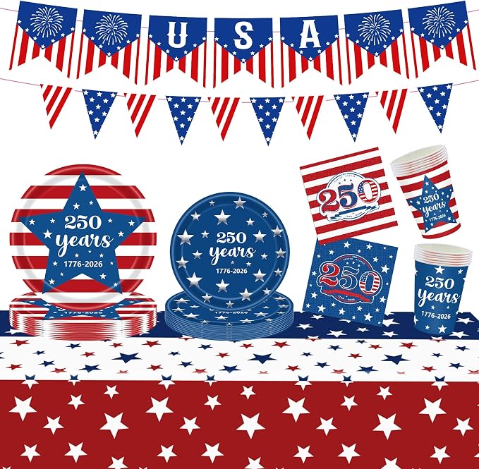 250th Anniversary USA Merchandise, 4th of July Decorations, Patriotic Party Supplies for Independence Day, Tablecloth, Plates, Napkins, Cups, Banner for 4th of July, 24 Guests