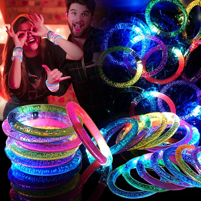 OLUPP 28 Pack Glow Bracelets, Glow in the Dark Party Supplies, 6 Color LED Light Up Bracelets for Adults & Kids Birthday Party Favors, Concert, New Year, Carnival, Raves