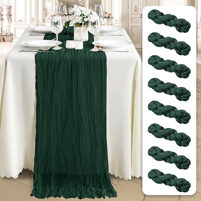 Cheesecloth Table Runner 8 Pack – 35x120 Inch (10ft) Boho Rustic Gauze Cloth Runners – Crinkle Polyester Table Decor for Wedding, Baby Shower, Bridal Shower, Birthday Party and More (Emerald Green)