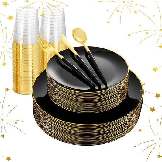 LIYH 180 Pcs Black Plastic Dinnerware Set with Gold Silverware, Black Plastic Plates Disposable Heavy Duty Disposable Utensils Set for Parties, Birthday