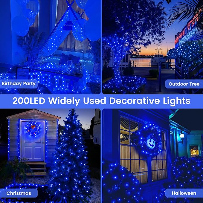 Upgraded Connectable 200 LED String Lights Indoor Outdoor, 66FT Blue Christmas Lights Waterproof, 13 Modes Twinkle Fairy Lights Plug in Clear Wire for Christmas Tree, Bedroom, Classroom, Wedding Decor