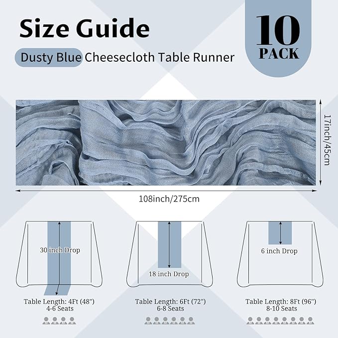 10 Pack Dusty Blue Cheesecloth Table Runner 17x108 Inch Semi Sheer Boho Gauze Cheese Cloth Table Runners, for Wedding Bridal Shower Birthday Party Home Decor Garden Farmhouse