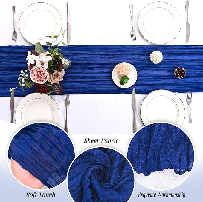 24 Pack Royal Blue Cheesecloth Table Runner 120 inch Fall Thanksgiving Boho Rustic Gauze Farmhouse 10FT Cheese Cloth Runner for Baby Shower Wedding Party Holiday Home Decor