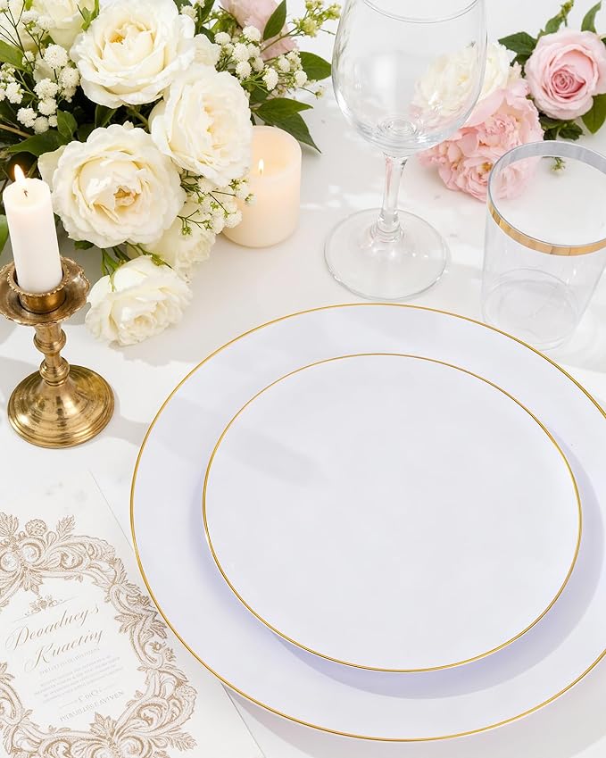 Nervure 100 Pieces Gold Plastic Plates - 10.25 inch Gold Dinner Plates - Heavyweight White and Gold Disposable Plates Ideal for Wedding & Party & Mothers Day