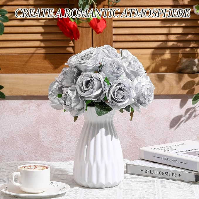 Hotop 20 Pcs Artificial Rose Flowers with Long Stem, Real Lifelike Silk Realistic Plastic Bouquet Roses Bulk for Home Decor Bridal Wedding Party Table Centerpieces Decorations(Silver)