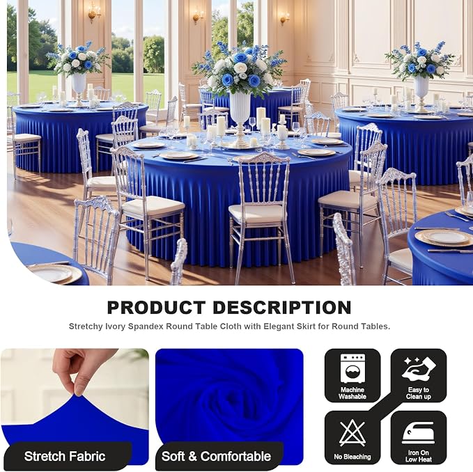 2 Pack Royal Blue 60 inch Round Spandex Tablecloth, Washable Stretchy Fitted 5FT Round Tables,Elastic Edge with Skirt, Wrinkle-Free Table Cloths for Wedding Banquet Party Birthday Buffet