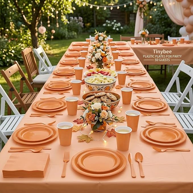 352 Pcs Orange Plastic Plates Party Set, 50 Guests Disposable Dinnerware Set with Orange Tablecloths, Vibrant Orange Plastic Plates Party Set for Birthday/Halloween/Fall Party/Fiesta