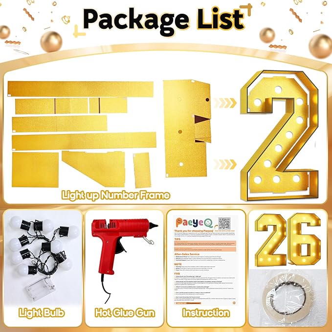 Light Up Numbers 26, Marquee Light Up Numbers Gold 4FT, Large Led Number Lights for 4th Birthday, 4 Feet Tall DIY Frame Pre-cut Foam Board Kit for Birthday Graduation New Year Party Decorations