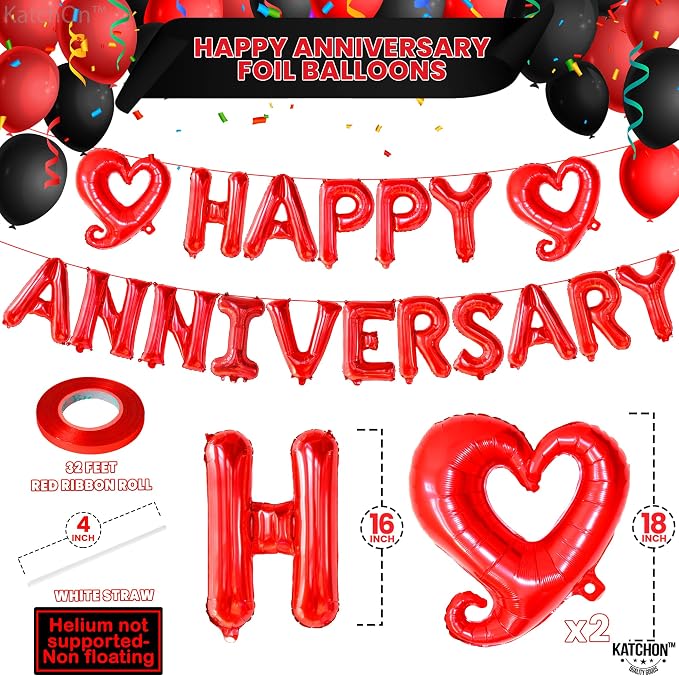 KatchOn, Red Happy Anniversary Balloons Letters - Huge, 18 Inch | Hook Red Heart Balloons | 1000 Pcs Artificial Red Rose Petals - Silk, Fake Rose Petals for Romantic Night for Her Set