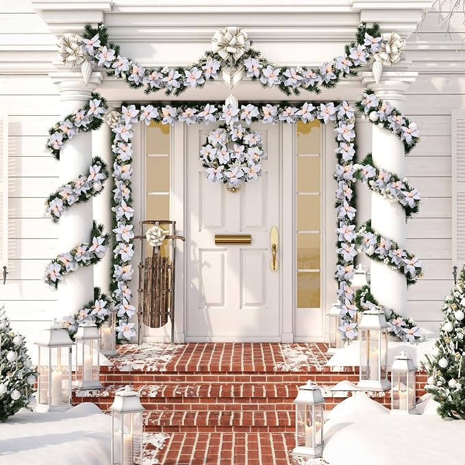 Zubebe 2 Pcs Prelit Poinsettia Christmas Garland with String Lights Glitter Holly Leaves Berries Remote Timer 8 Modes 6.5 ft Lighted Flower Garland Battery Operated Indoor Outdoor Decor(White)