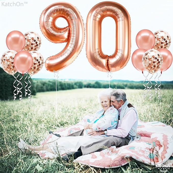 KatchOn, Rose Gold 90 Balloon Numbers - 40 Inch | Huge Rose Gold Balloons with Confetti - 36 Inch, Pack of 21 | 90th Birthday Decorations for Women | Rose Gold Birthday Decorations