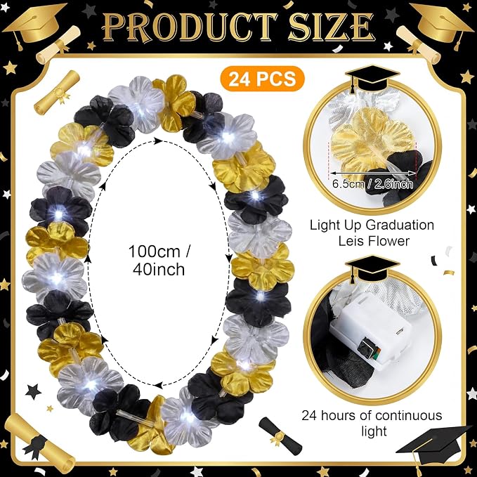 Sherr 48 Pcs Graduation LED Hawaiian Leis Class of 2026 Light Up Flower Leis Necklace with LED Lights Black Gold Silver Luau Flowers Necklaces for Graduation Party Decoration Supplies