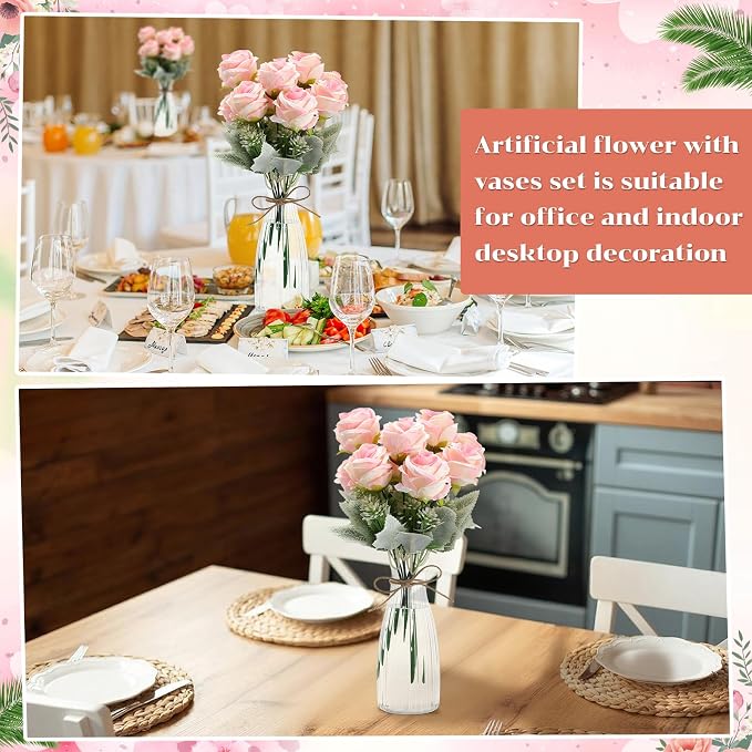 Zeyune 36 Pack Artificial Flowers Centerpiece with Vase Bulk for Wedding Table 24 Bundles Silk Floral Faux Rose Bouquet with 12 Plastic Vase for Bridal Shower Table Decor(Light Pink)